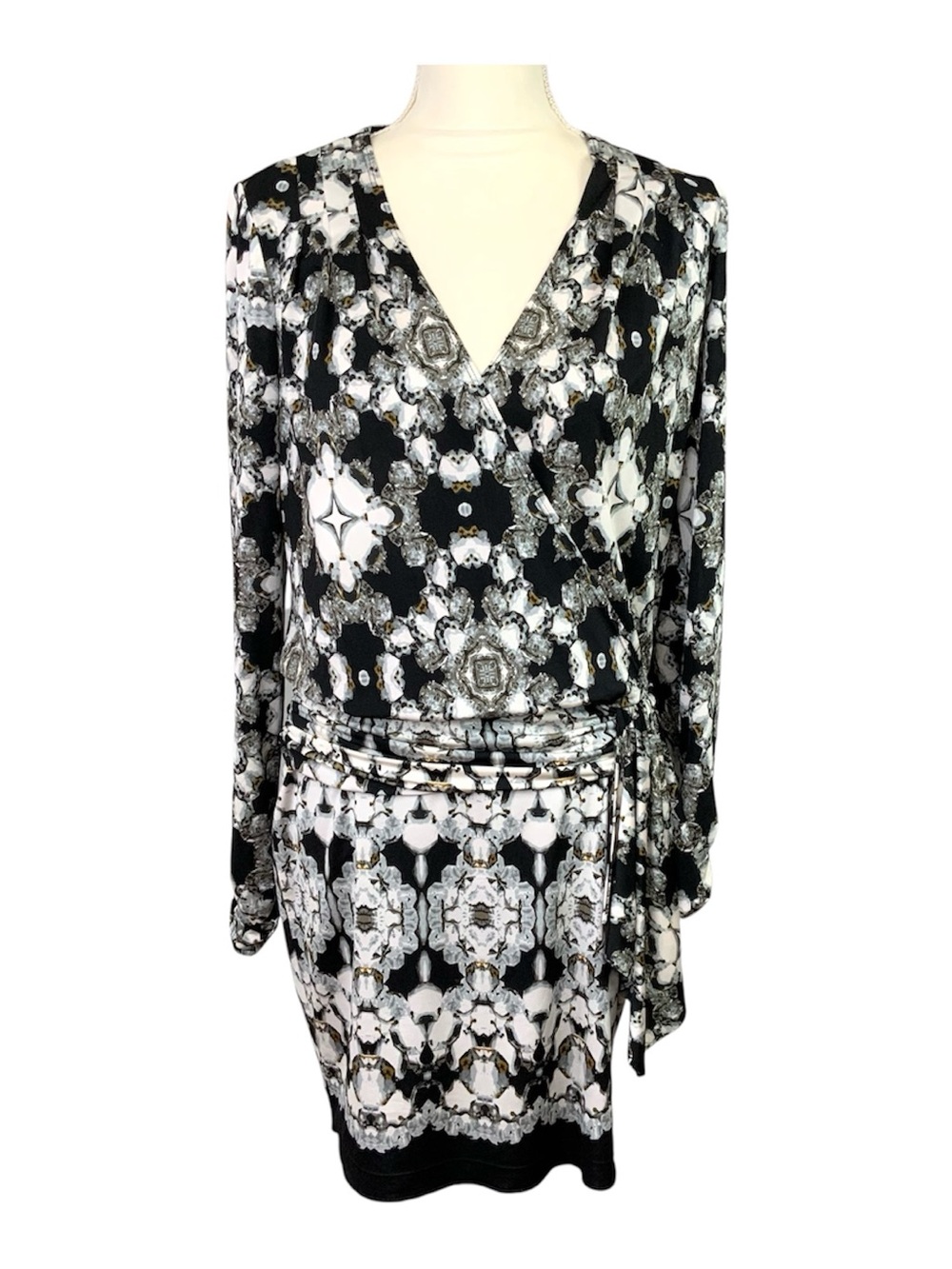 Cache Sz XS‎ Black White Scarf Print Ruched Faux Wrap Drop Waist Dress Stretch